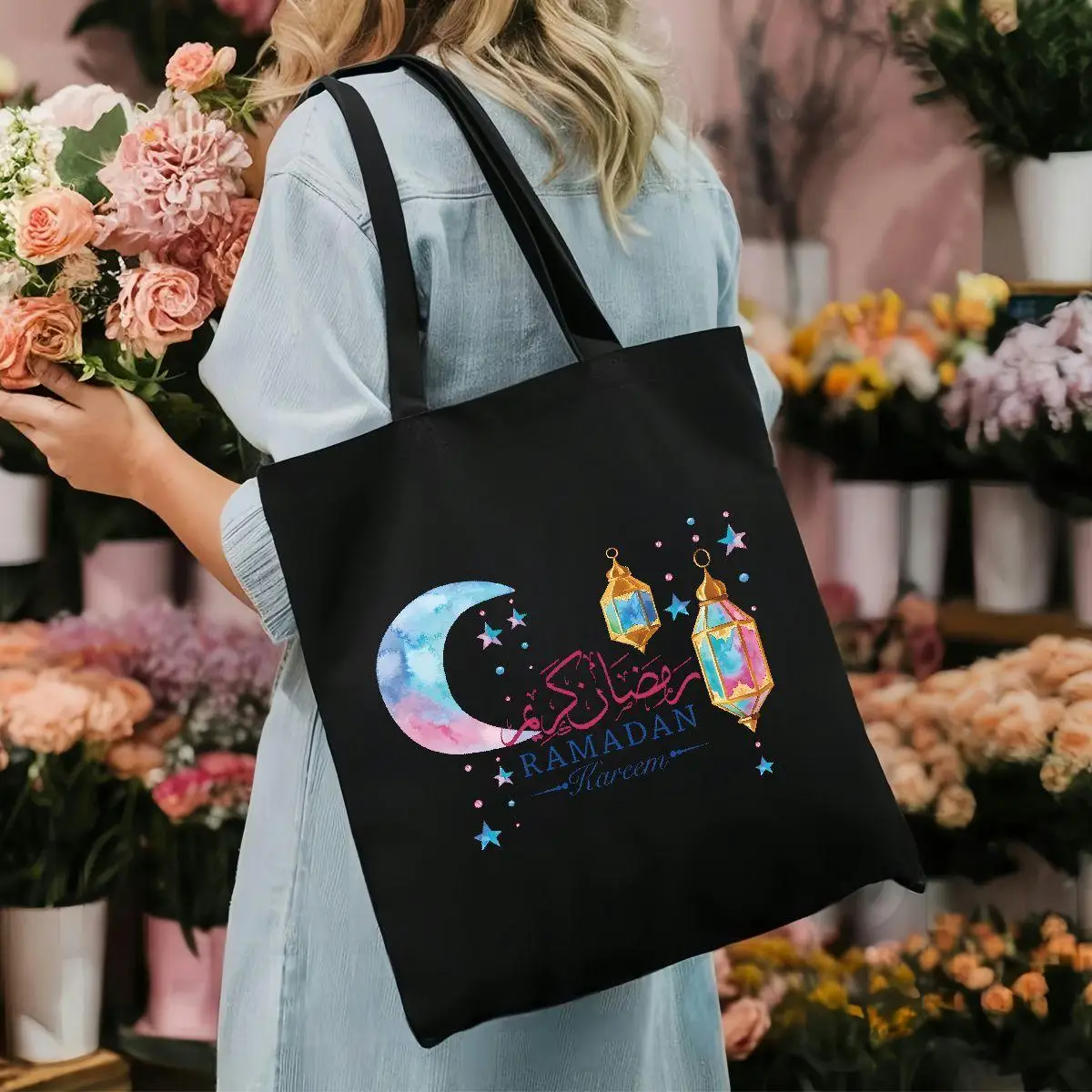Ramadan Tote Bag with Crescent Moon Lantern Design- Large Capacity, White with Colorful Star Accents, Perfect for, Travel