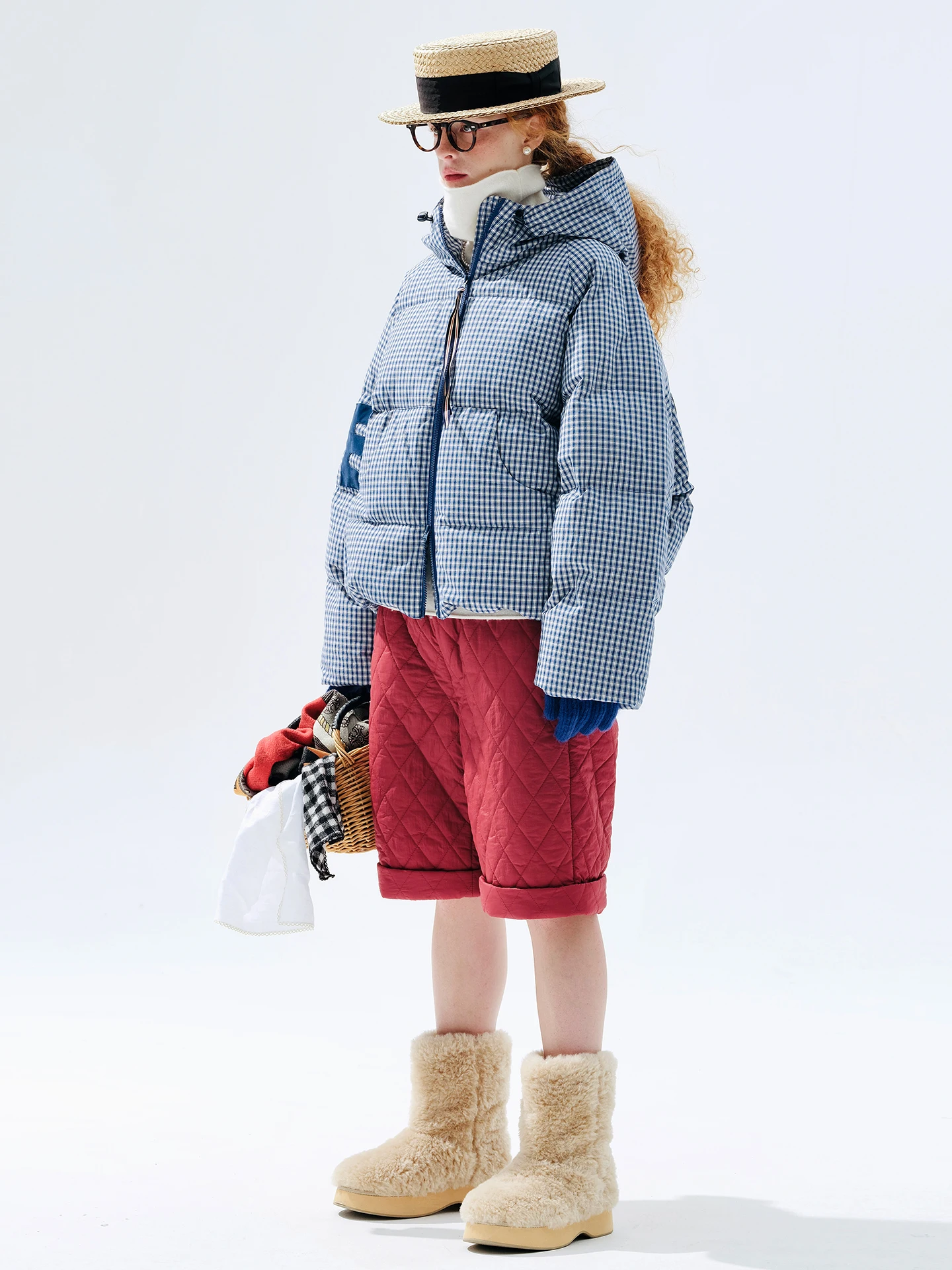 Shorts de algodão enchado borgonha imakokoni 2025 inverno nicho original-calças femininas casuais de comprimento médio e quentes 255272