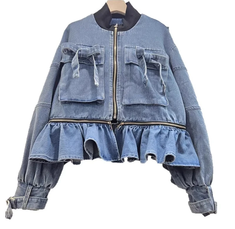European Heavy Industry Three-dimensional Bow Sweet Ruffles Loose Denim Jacket Spring Autumn Stand Collar Long Sleeve Blue Top