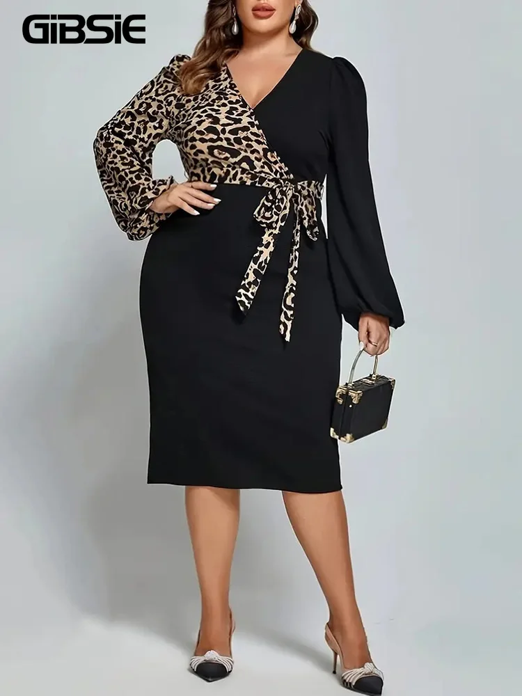 GIBSIE Plus Size Leopard Print Sexy Belted Dress Women New Autumn V-neck Lantern Sleeve Elegant Office Ladies Midi Bodycon Dress