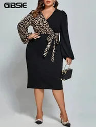 GIBSIE Plus Size Leopard Print Sexy Belted Dress Women New Autumn V-neck Lantern Sleeve Elegant Office Ladies Midi Bodycon Dress