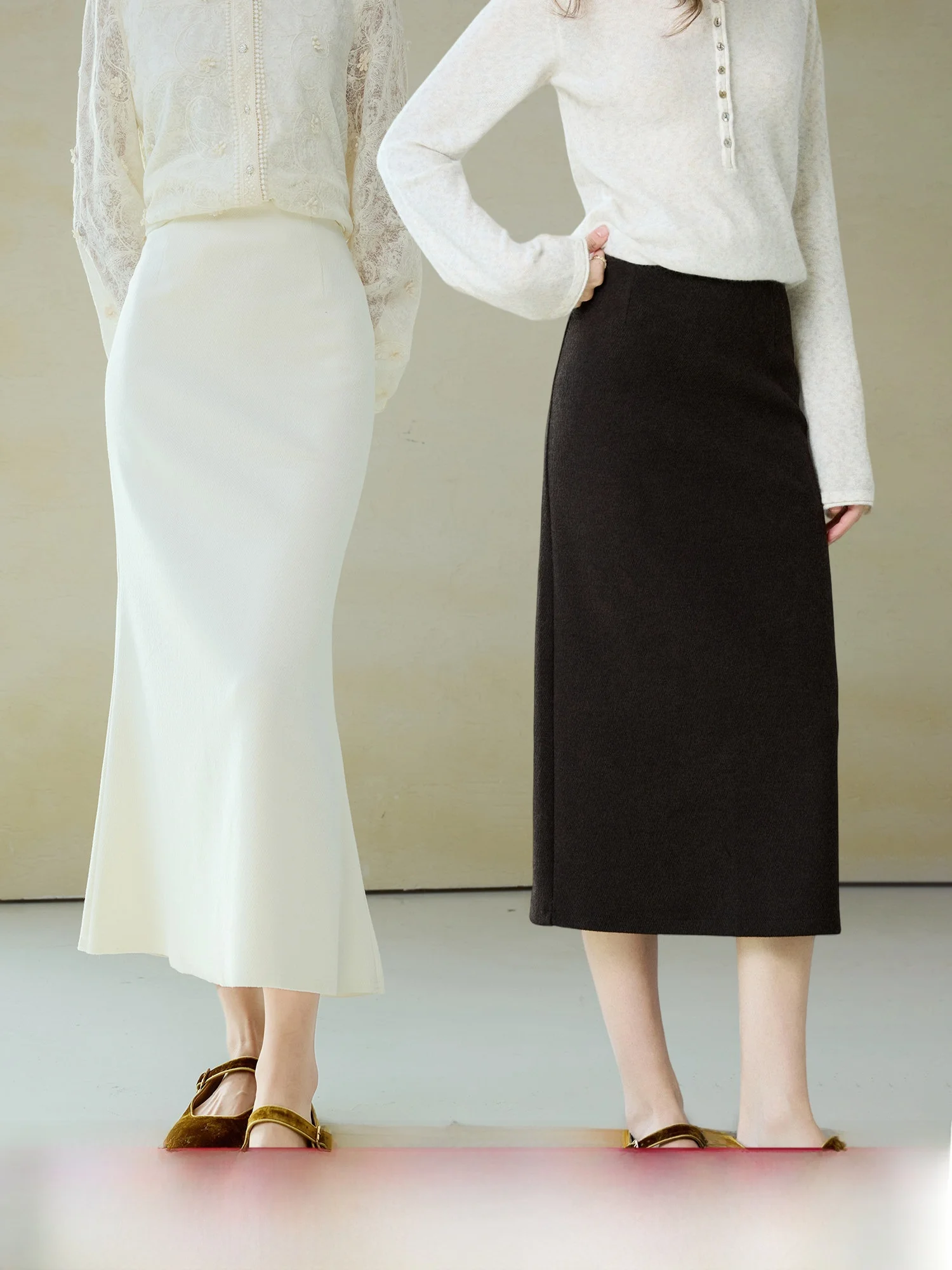 

Elegant Long Fish Tail Skirt Women's mid Waist Wool Blend Fleece Lined Spring Style Fashionable Business Casual Skirts