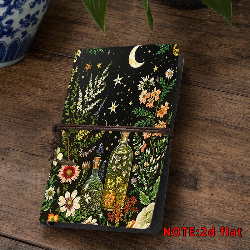 Mystical Witch Botanical Flower Notebook Crescent Moon Star Art Print Journal Retro Herbal Potion Diary Notepad for Students Adu