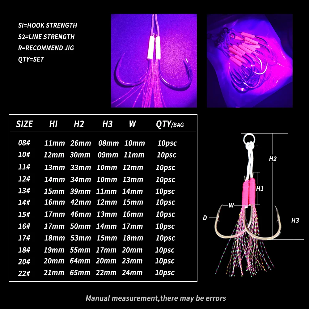 TL UV 어시스트 후크, 고탄소강 트윈 낚시 후크, 캐스트 지그, 가시 지깅 후크, 실 깃털 포함, 8 #-22 #, 백 당 10 개