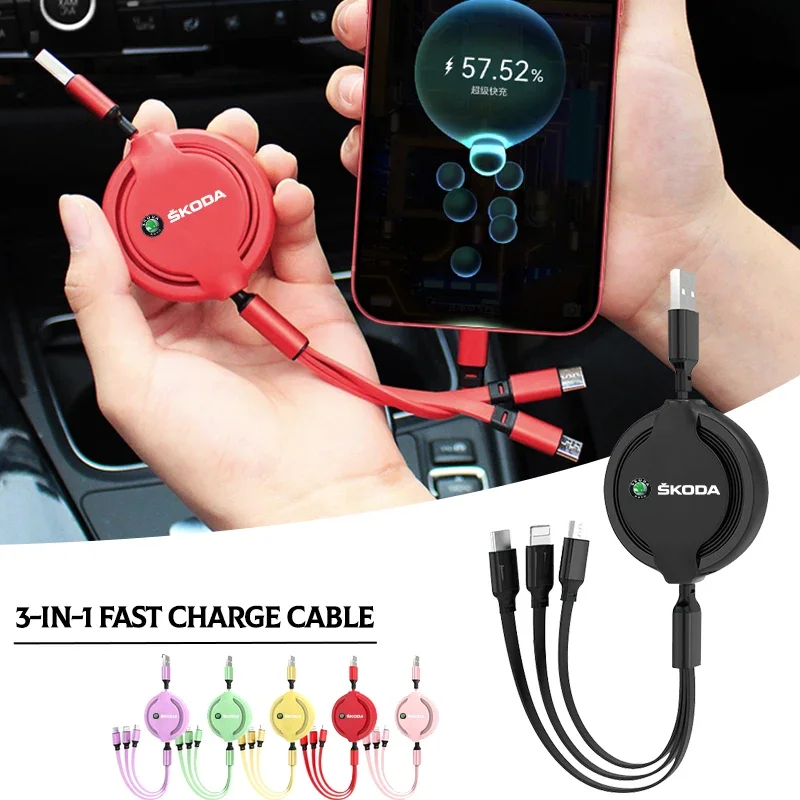 Black Charging Cable Retractable Data 3 in 1 USB Charger Fast Wire Charging Cables for Skoda Car Use Android Phone Type-C Wire