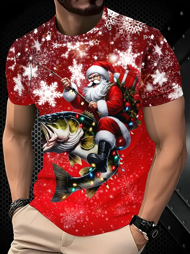 Christmas Element Graphic Tee T-Shirt Cute Santa Claus Pattern Printed Short Sleeve Tee Holiday Casual Comfortable Men Clothes