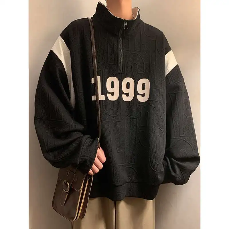 Fashion heavyweight sweatshirt men's vintage American retro half-zip design polo shirt autumn large size jacket men clothing y2k