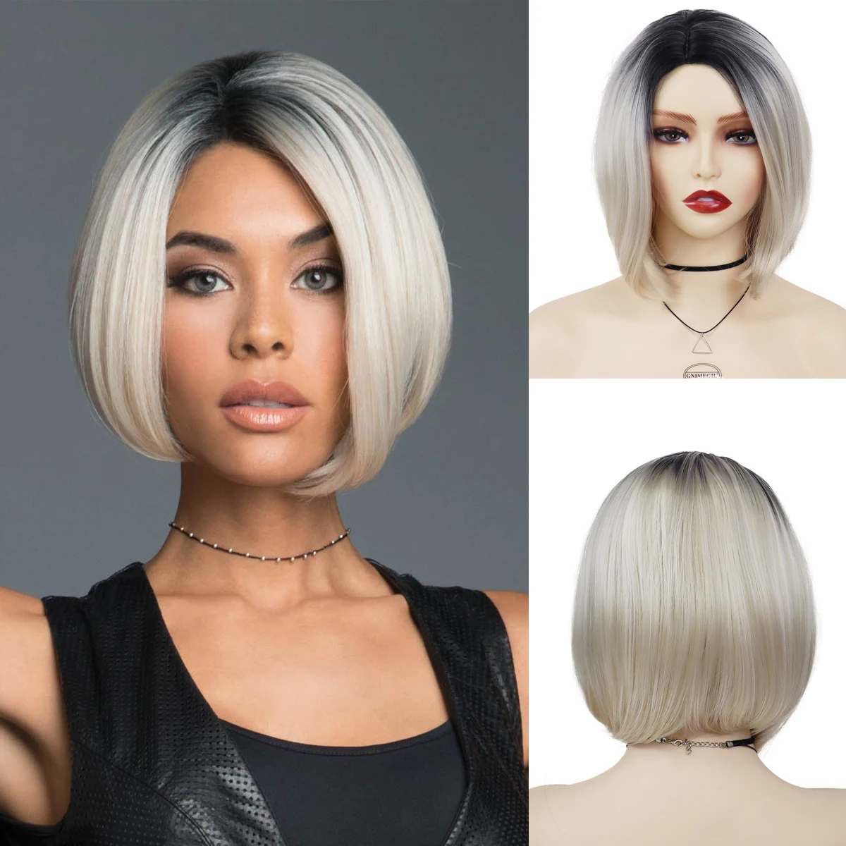 

Bob Wigs for Women Short Ombre Blonde Wigs with Side Bangs Black Roots Gradient Blond Wig Natural Hairstyles Fashion Style