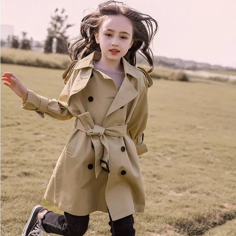 3-12 Years Girls Trench Coat Spring Autumn Windproof Jackets Big Kids Mid-Length Windbreaker Children Clothes Teenagers Overcoat