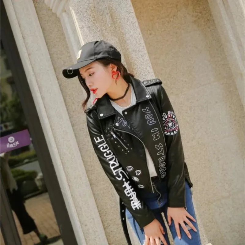 Spring Autumn 2024 New Rivets Letters Print Motorcycle Leather Short Fashion Hip-hop Jacket Women's Coats Female Outwear