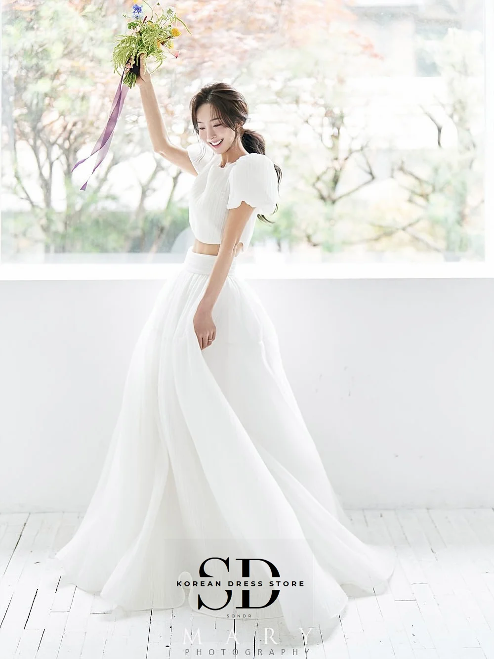 Sondr O-Neck Short Sleeves Korean Wedding Dresses 2 Pieces A Line Bridal Gown Customized Self- Wedding Dress Photo Shoot