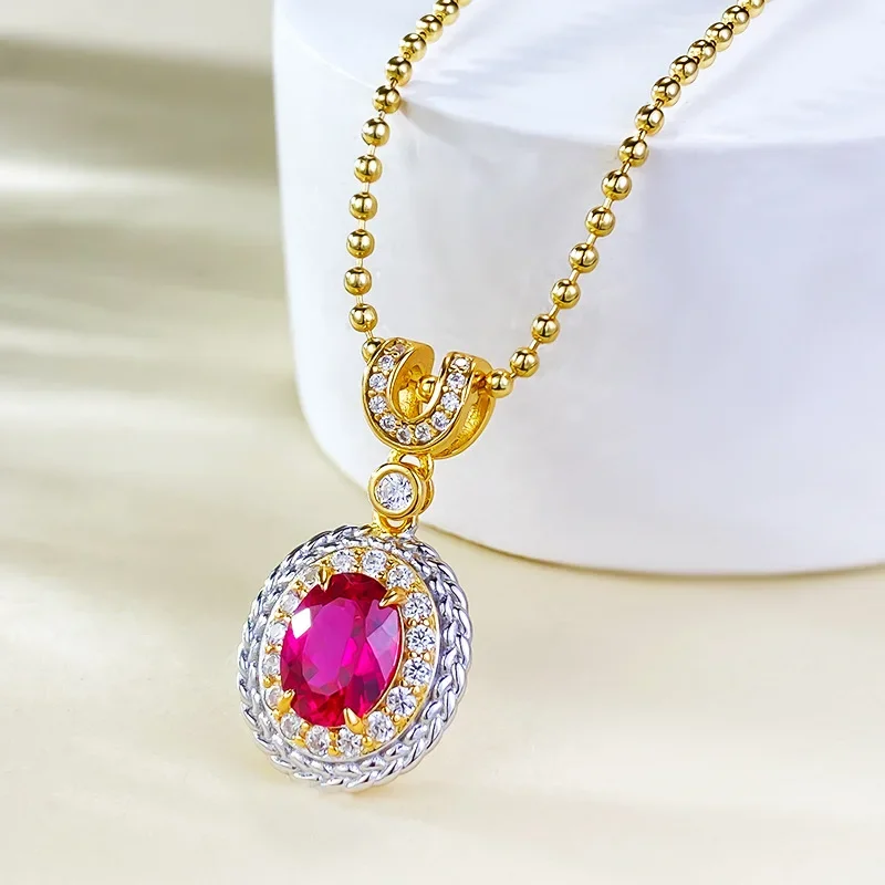 

New S925 silver gold-plated Bohemian style 6 * 8mm pigeon blood red oval pendant for women with adjustable Jewelry