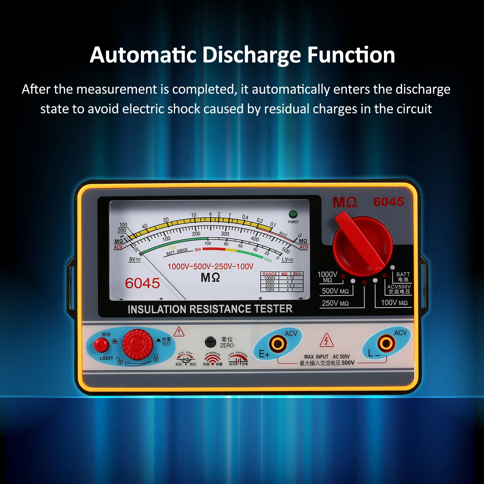 Insulation Resistancer Digital Ohmmeter Handheld Tester Megameter 0-2000MΩ 100V/250V/500V/1000V High Accuracy