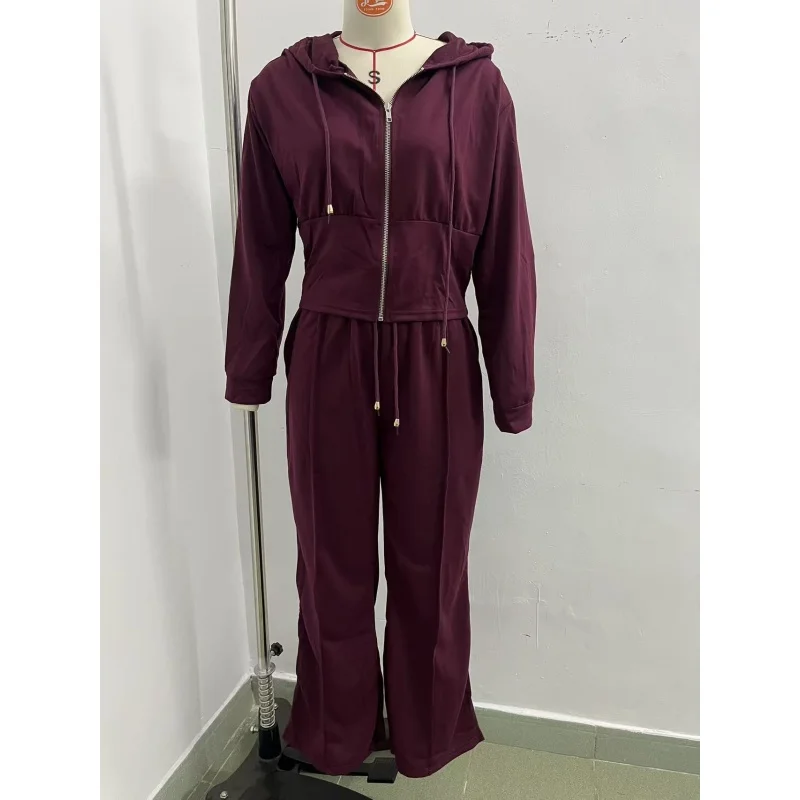 Damen 2-teiliger Trainingsanzug mit Kapuze, Reißverschluss-Crop-Jacke und hochtaillierter Schlaghose, lässiges Sport-Outfit für Damen – Detail 7