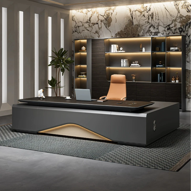 Modern Executive Desk with Built-in Ambient Light Special Shape L Type Boss Table Manager Office Computer Workstation Furniture
