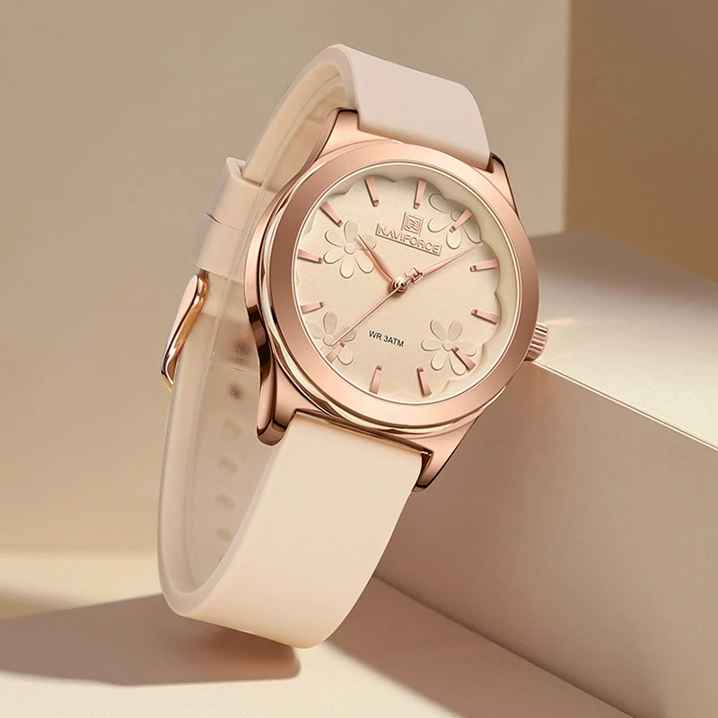 NAVIFORCE Ladies Watch with Elegant Flower Dial Fashionable Brand Waterproof Quartz Wristwatch for Women Soft Silicon Strap 5051