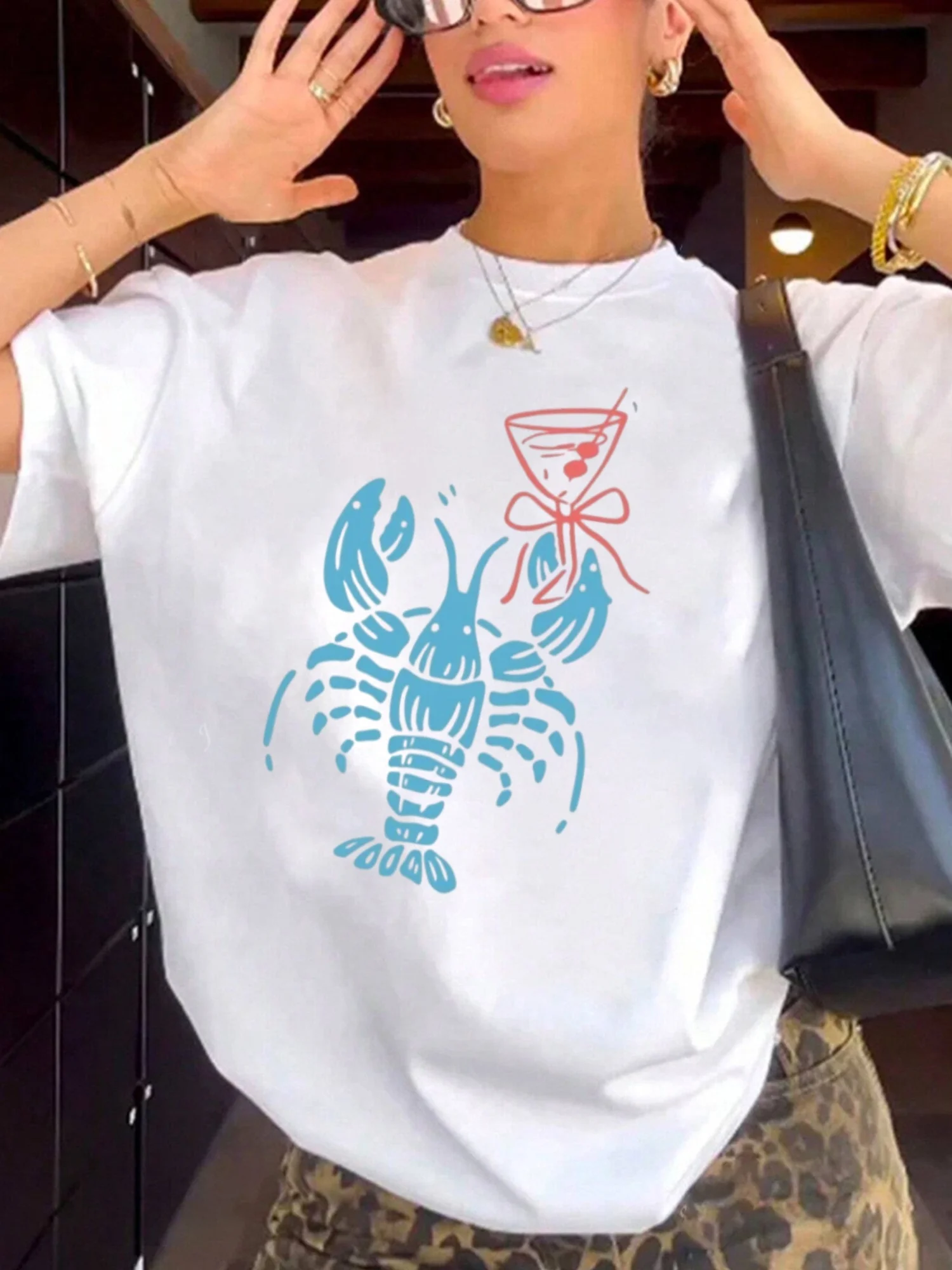 

Italian style printed T-shirt Women's casual round neck short-sleeved top lobster and drink pattern spring and summer beach wear