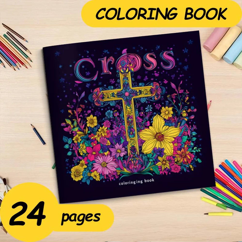 Cross surrounded by flowers Art Coloring Book 24page Adult Picture Book help relieve stress and mood Graffiti Painting Drawing