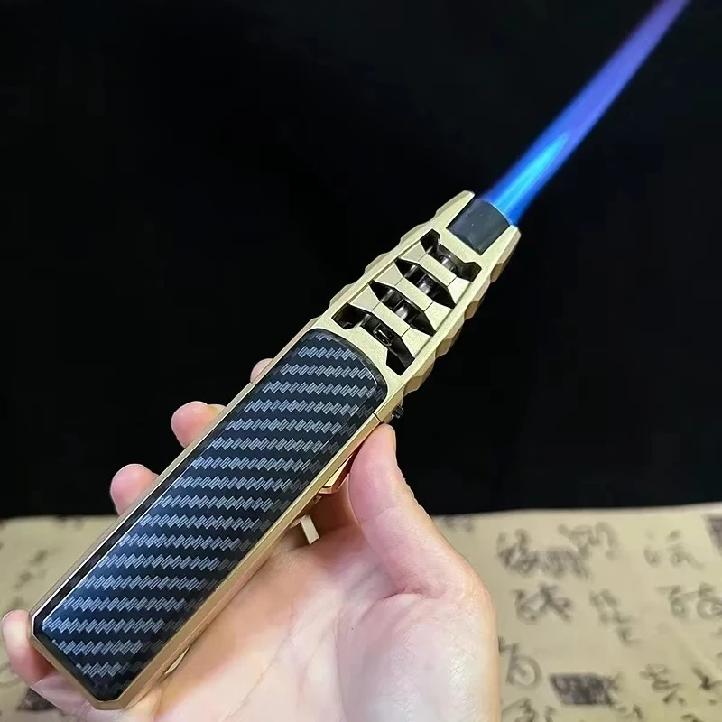 Metal Outdoor Windproof Turbine Torch Strong Firepower Blue Flame Straight Butane Gas Lighter Gas Kitchen Barbecue Welding