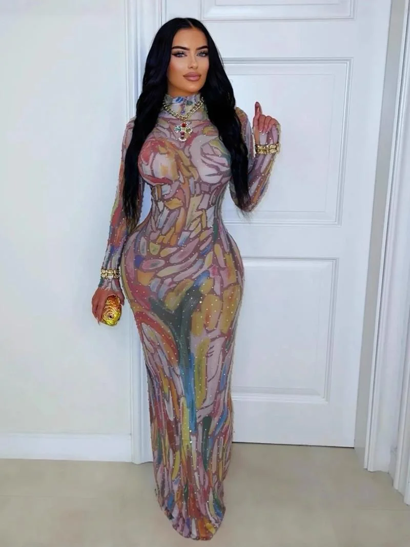 

Sparkly Stretchy Mesh See Through Dress Women Performance Dancer Costume Rompers Party Nightclub Stage Outfit Dresses TIA8