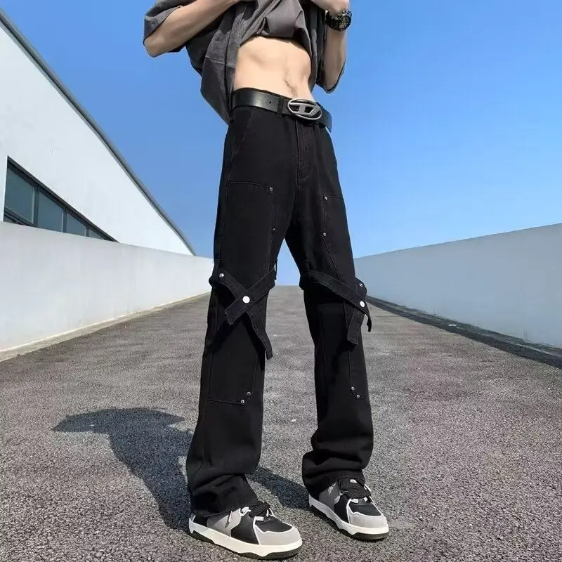 

Мужские джинсы American Street Style: весенне-осенние, свободные, прямого кроя, в стиле High Street, с эффектом потертости, рваные, из денима.