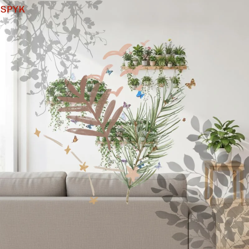Potted Green Plant Butterfly Wall Sticker Vine Floral Wall Decal Art Mural for Living Room Bedroom Home Background Decor