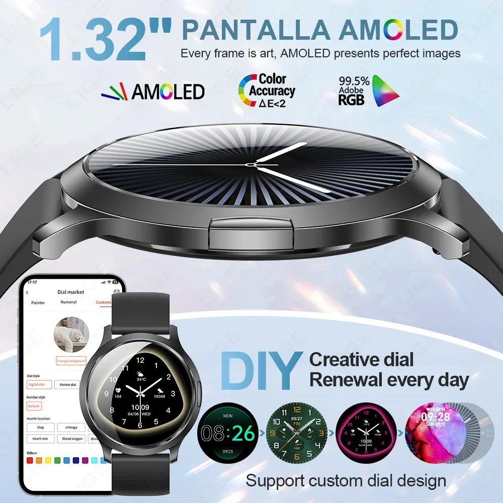 LIGE ساعة ذكية للنساء 1.32 "AMOLED Smartwatch شاشة فائقة الوضوح جهاز تعقب للياقة البدنية الساعات الصحية الرجال مقاوم للماء Reloj Inteligente