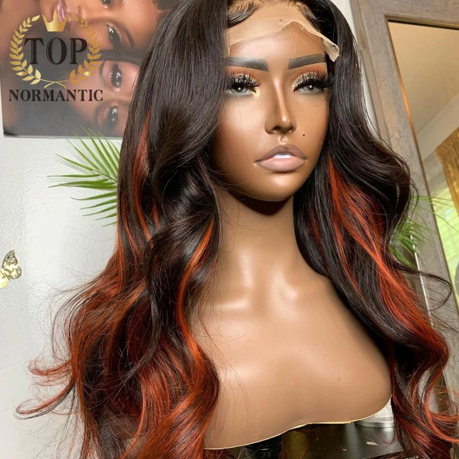 Topnormantic-Highlight Lace Front Wig, cabelo humano com linha fina pré-arrancada, cor gengibre, fechamento de renda 5x5, 13x6