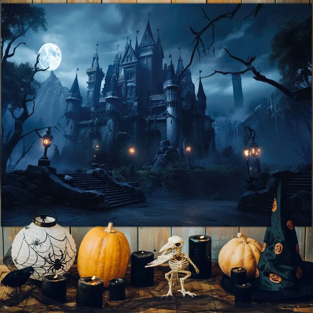 Halloween photography background banner, general purpose haunted castle night view, carnival themed multifunctional decoration