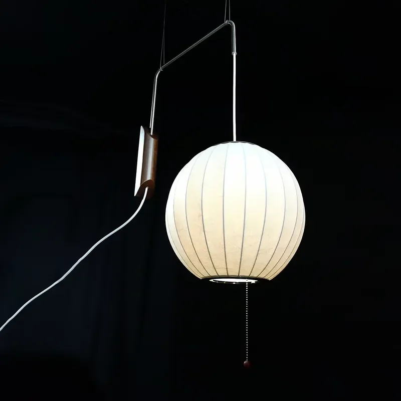 Japanese Retro Wall Lamp Long Arm Silk Shade Bubble Light for Bedroom Bedside Indoor Decor Autumn Style Home Lighting Fixture