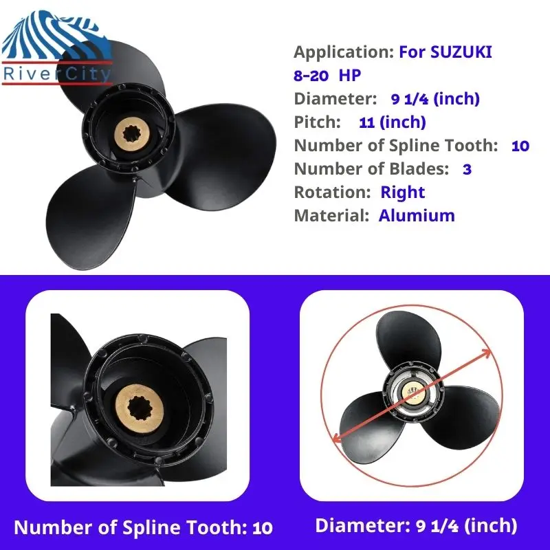 For Suzuki 8HP 9.9HP 15HP 20HP Outboard Propeller 9 1/4X11 Boat Motor Aluminum Alloy Screw Ship Marine Engine 3 Blade 10 Spline