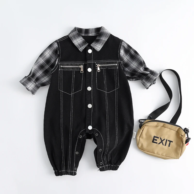 

Джинсовый комбинезон для новорожденных, осенняя одежда, корейская одежда для малышей, пижамный костюм, длинная круглая хлопковая футболка со свечом