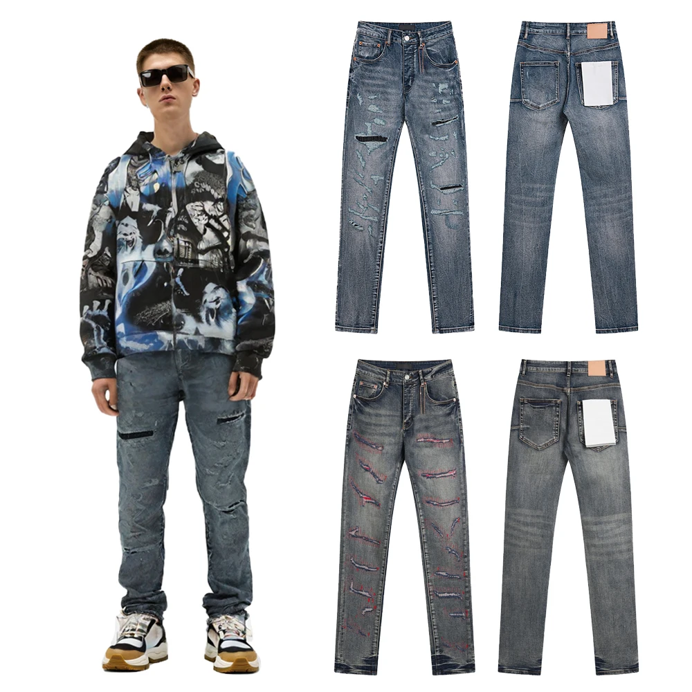 

Американские джинсы в уличном стиле, зауженные, с эффектом потертости и вышивкой, ретро Y2K, хип-хоп, уличная мода, повседневные винтажные скинни-джинсы для мужчин