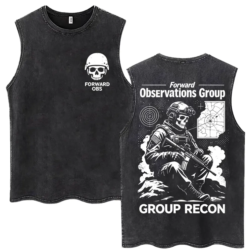 Washed Forward Observations Group Tank Tops Death Skeleton Gothic Sleeveless T-shirt Oversized Cotton Men Women Vests Streetwear