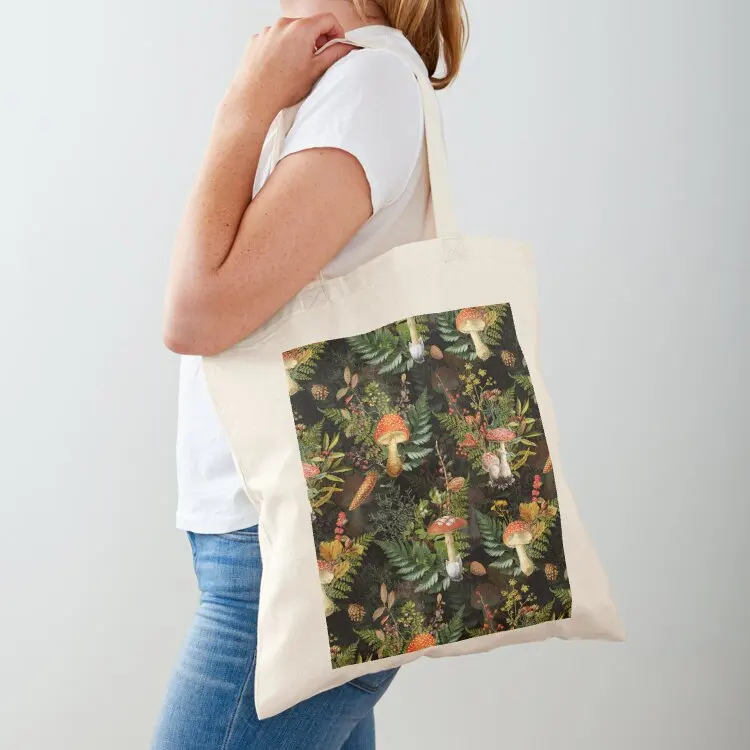 

vintage midnight toadstools in the forest Botanical Night Garden on black Nightgarden Tote Bag Portable shopping bag