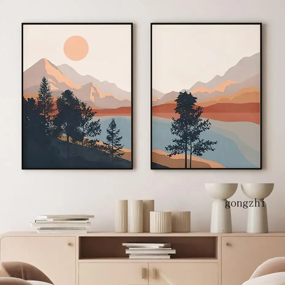 

Nordic Mountain Lake View Canvas Painting Bohemian Sunset Wall Art Poster Abstract Aesthetic Picture Home Decoration Living Room