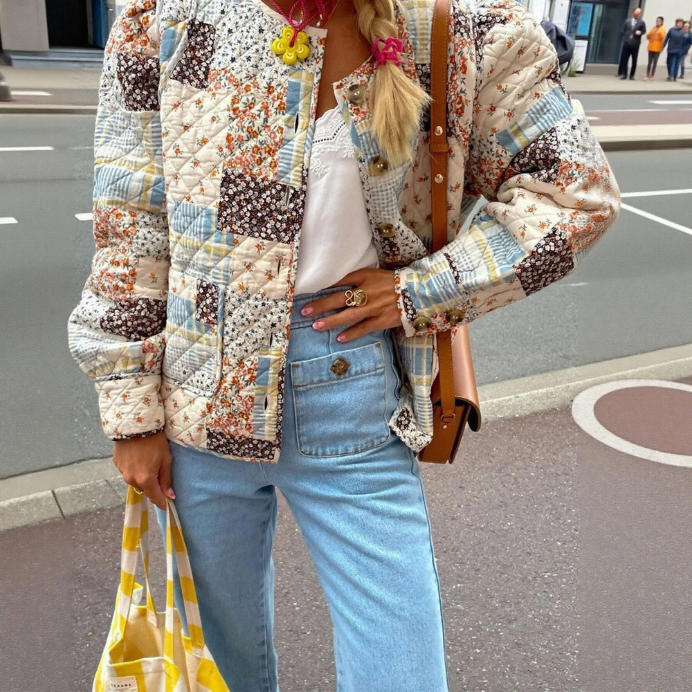 Europees en Amerikaans bedrukt katoenen gewatteerd damesjack met grote zakken Gewatteerde katoenen jas voor onafhankelijk station