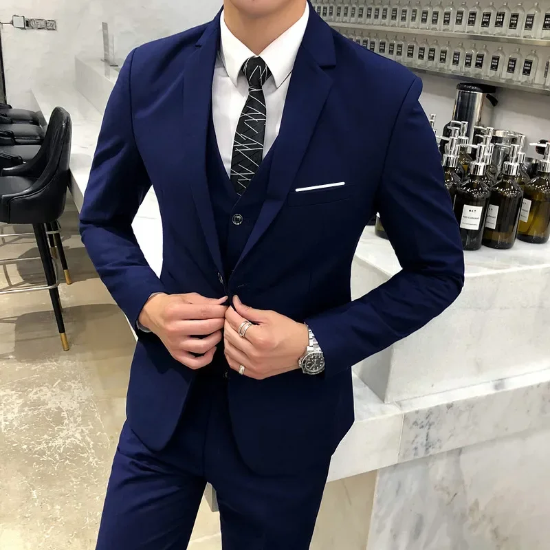 ( Jacket Vest Pants ) Mens Casual Business Formal Thin Solid Color Suit 3Pcs & 2Pcs High-end Groom Wedding Dress Blazer Trousers