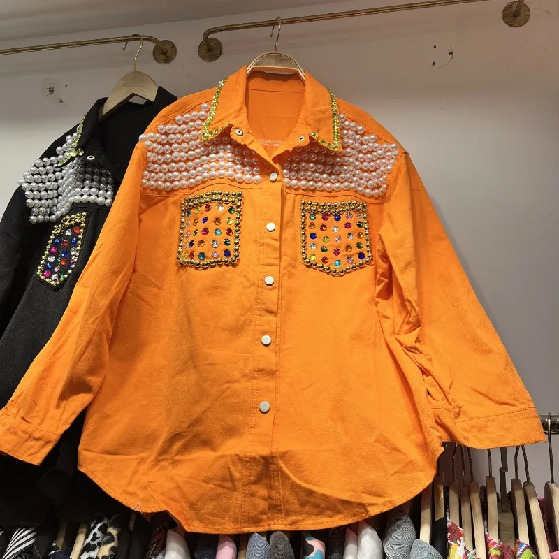 European Station 2025 Spring and Summer Heavy Industry Beaded Sequins Design Sense Loose Versatile Foreign Denim Shirt Women