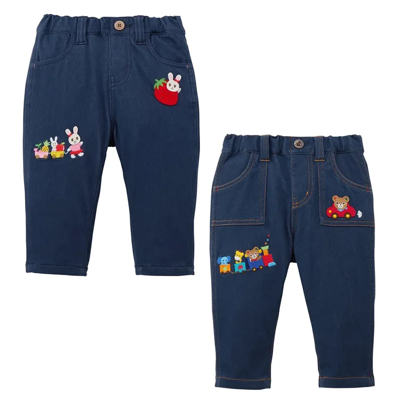 New Kids  Cotton Jeans with Cartoon Bear Rabbit Embroidery  Cute Train Pattern Casual Pants for Baby Toddler Spring Autumn