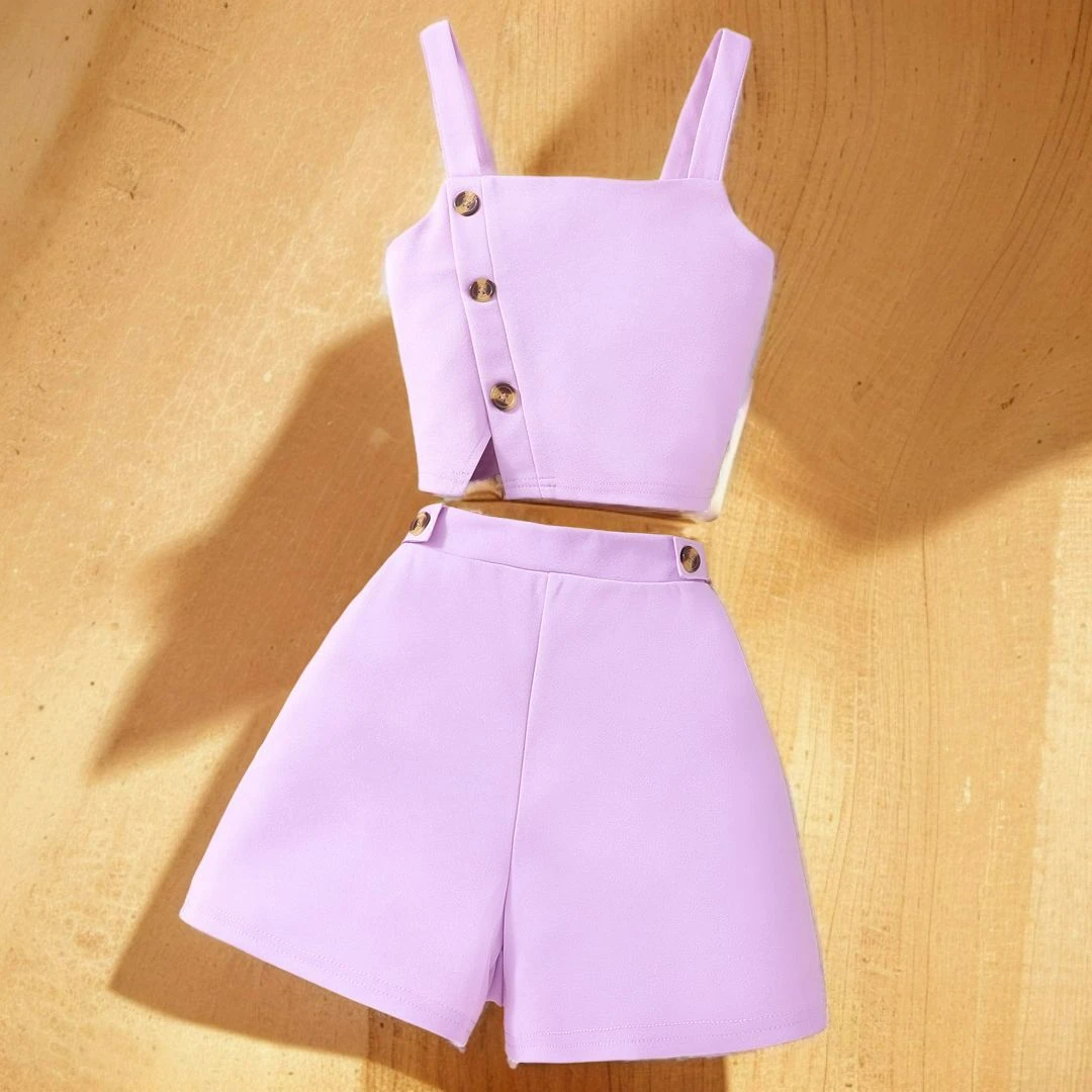 

Летний комплект без рукавов с шортами на бретельках для девочек от 7 до 12 лет, 2024, повседневный костюм для подростков, модная одежда для девочек