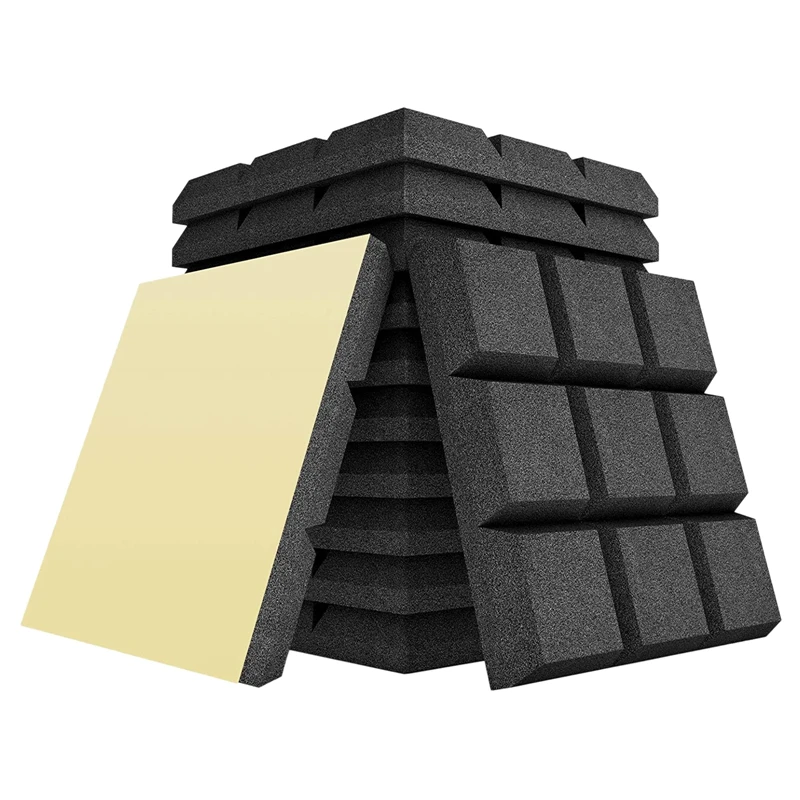 New12pack Acoustic Foam Adhesive Panels 2X12x12inch Sound Proof Foam Panels For Sound Insulation Absorbing,9 Block Tiles