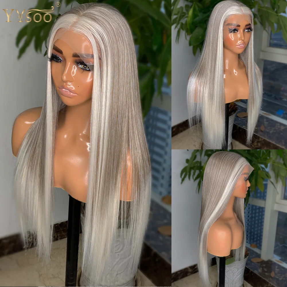 

YYsoo Long 13x4 Futura Hair Baylayage Color Silky Straight Synthetic Lace Front Wigs Japan Fiber Blonde Highlights Ombre Wig