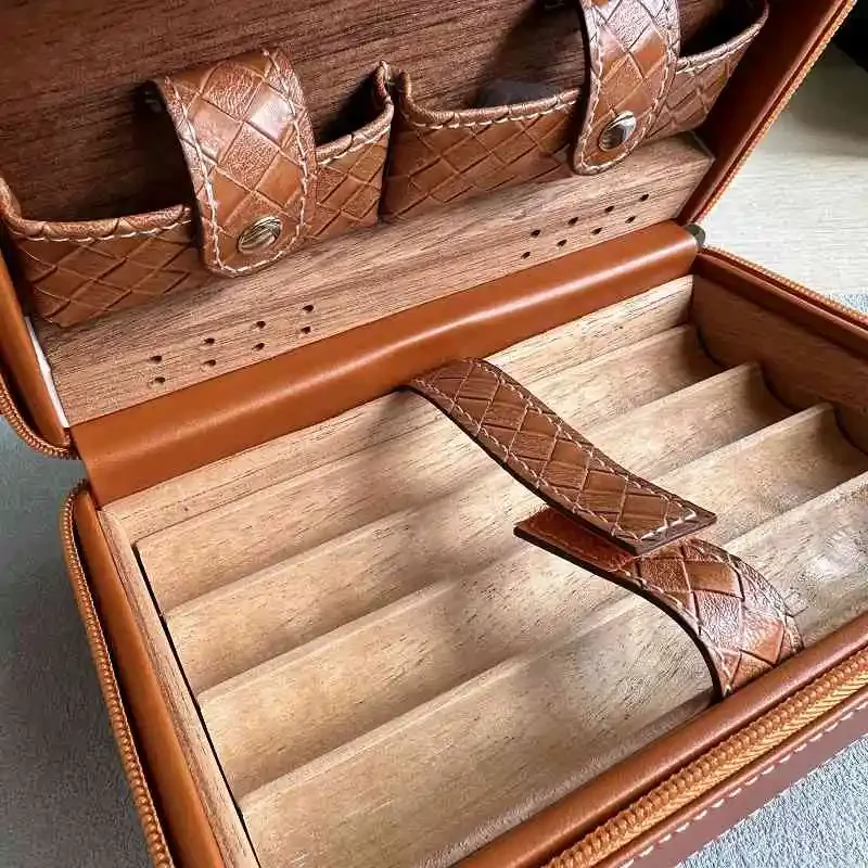 

Cigar Case 4- cigars tubes Leather Travel Portable Humidor with Cedar Wood Lined with Stainless Steel Cigars Cutter 17