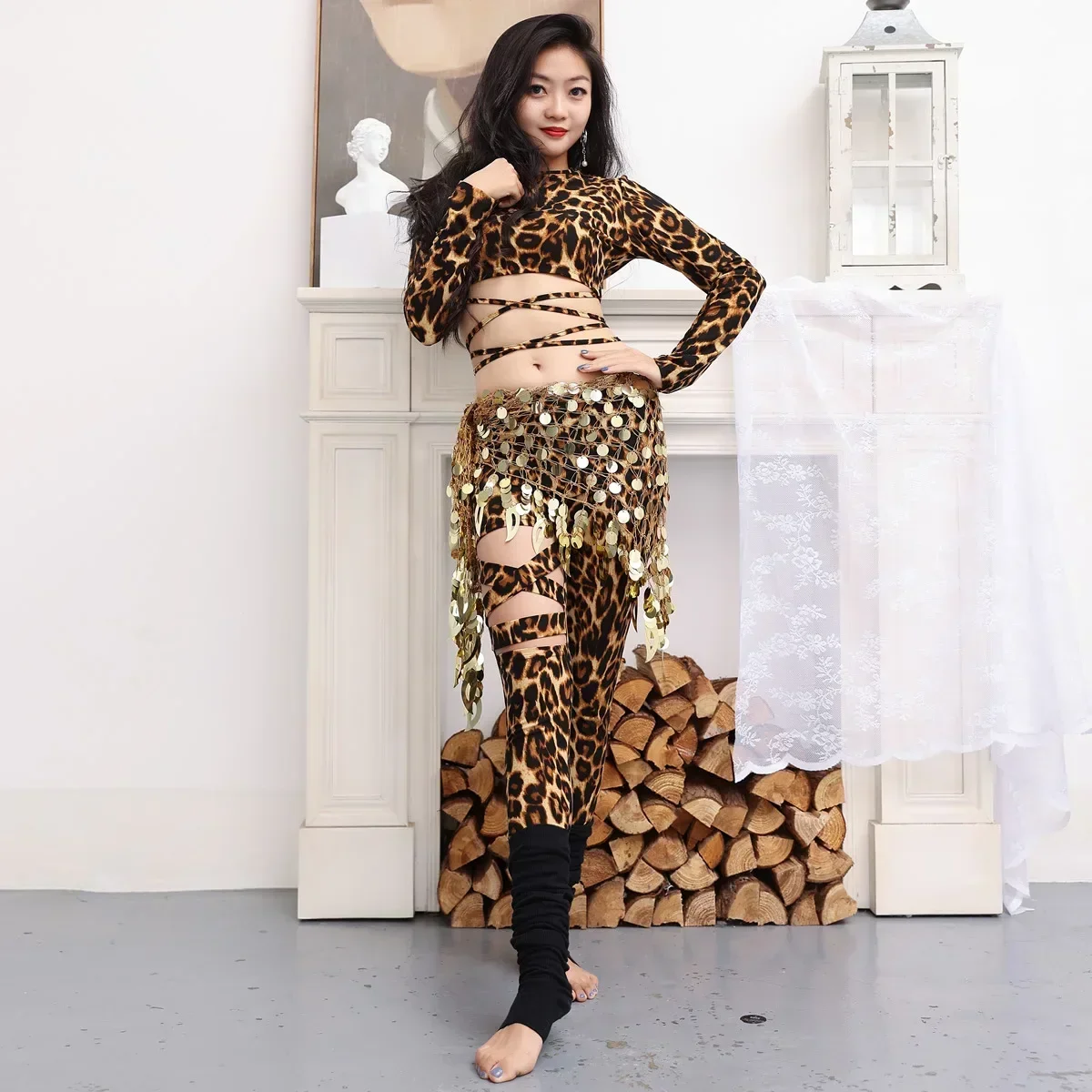 Conjunto de traje de dança do ventre com estampa de leopardo, calças superiores, cachecol de quadril, competição oriental, dança do ventre, roupa de prática profissional