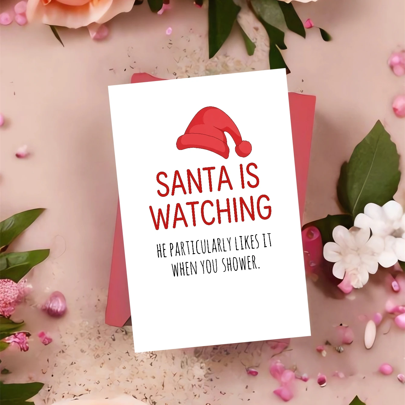 1 funny Christmas card for husband/partner - Santa Claus hat illustration, playful holiday humor