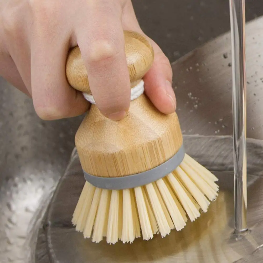 

Bamboo Dish Brush Round Palm Brush Non-Scratch Nylon Bristles Cleaning Brush for Non-Stick Cookware Kitchen Sink Pot Scrubber