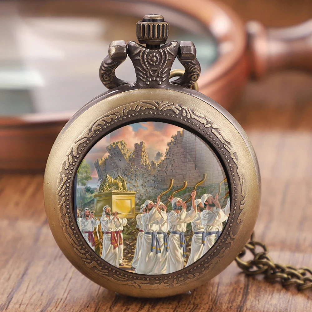 Jewish Style Shofar Art Picture Design Vintage Quartz Pocket Watch Chain Pendant Necklace for Men and Women Jewelry Gift