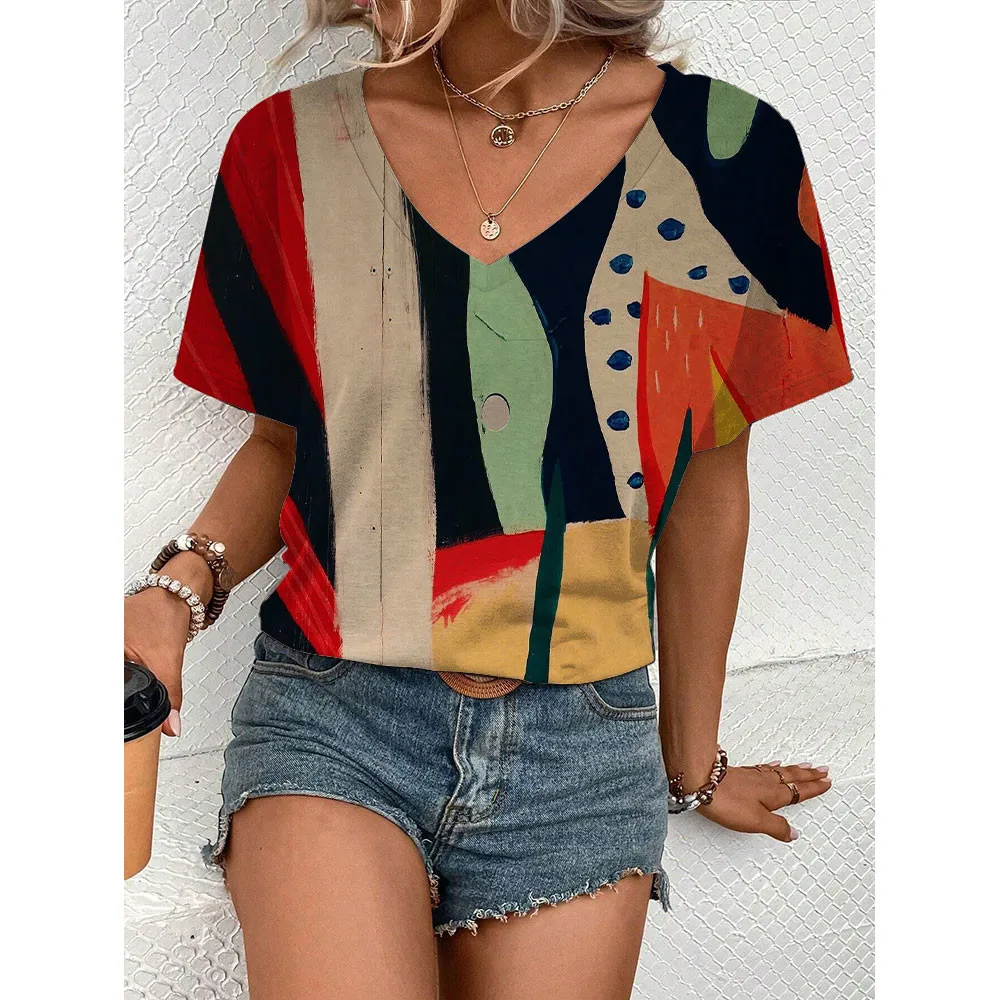 Fashionable And Simple  Summer Oversized Comfortable T-shirt Design Inspired Geometric Pattern Printed Women's V-neck Top