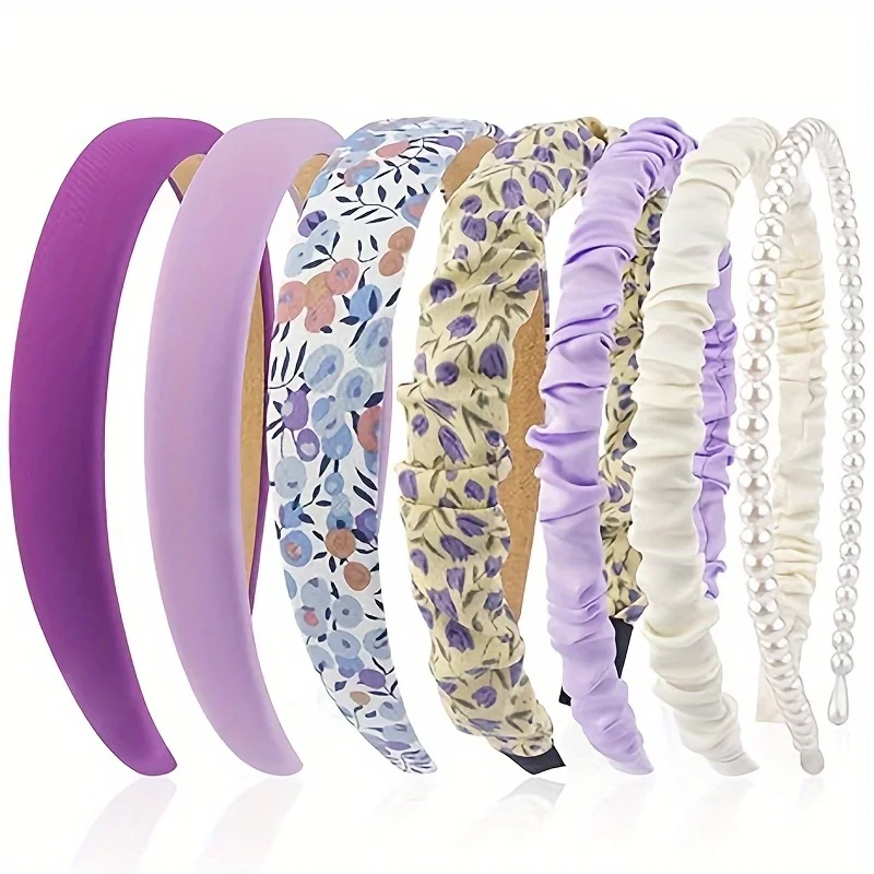 7 Stirnbänder für Frauen und Mädchen, 7 Stück rutschfeste, mit Blumen gepolsterte Stirnbänder, süßes Perlen-Stirnband für Mädchen, Vintage-breites Stirnband – Detail 6